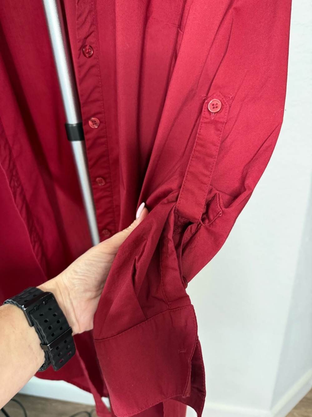 NY Collection Women Cotton Petite Burgundy Longline Button Up Tunic Shirt - Picture 11 of 12